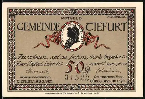 Notgeld Tiefurt 1921, 50 Pfennig, Herzogin Anna Amalie