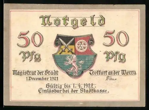 Notgeld Treffurt an der Werra 1921, 50 Pfennig, Burg, Stadtwappen