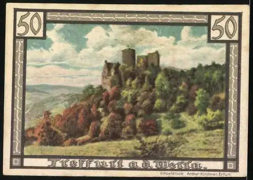 Notgeld Treffurt an der Werra 1921, 50 Pfennig, Burg, Stadtwappen