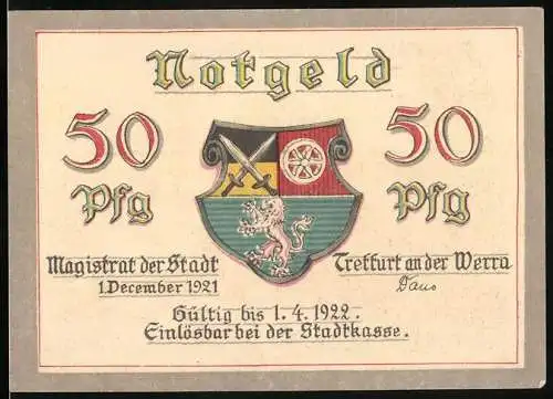 Notgeld Treffurt an der Werra 1921, 50 Pfennig, Strassenpartie am Tor mit Burg, Stadtwappen