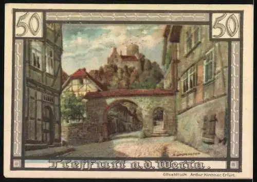 Notgeld Treffurt an der Werra 1921, 50 Pfennig, Strassenpartie am Tor mit Burg, Stadtwappen