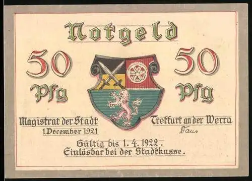 Notgeld Treffurt an der Werra 1921, 50 Pfennig, Strassenpartie am Tor mit Burg, Stadtwappen