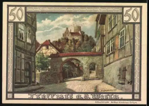 Notgeld Treffurt an der Werra 1921, 50 Pfennig, Strassenpartie am Tor mit Burg, Stadtwappen