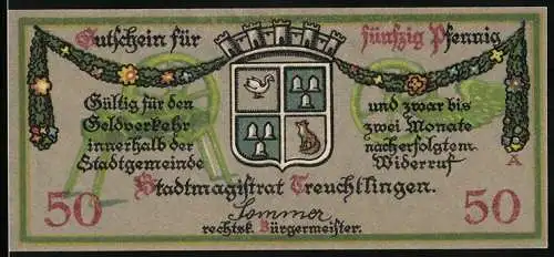 Notgeld Treuchtlingen, 50 Pfennig, Adler mit Kranz, Stadtwappen
