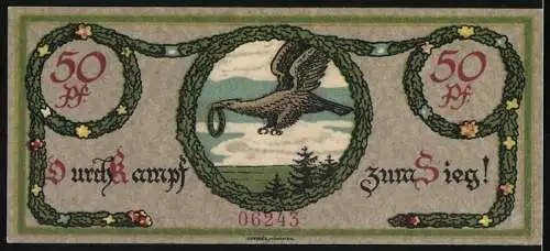 Notgeld Treuchtlingen, 50 Pfennig, Adler mit Kranz, Stadtwappen