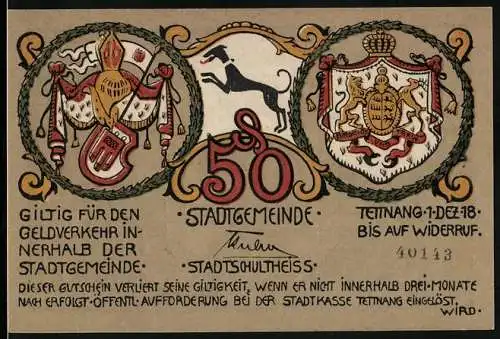 Notgeld Tettnang 1918, 50 Pfennig, Ritter und Bauernfrau beim Äpfelpflücken, Wappen