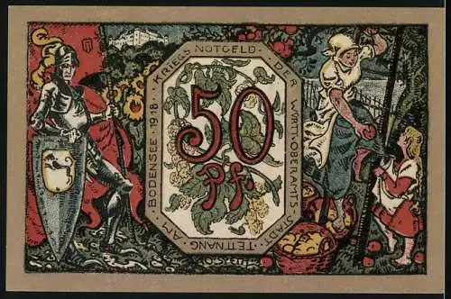 Notgeld Tettnang 1918, 50 Pfennig, Ritter und Bauernfrau beim Äpfelpflücken, Wappen