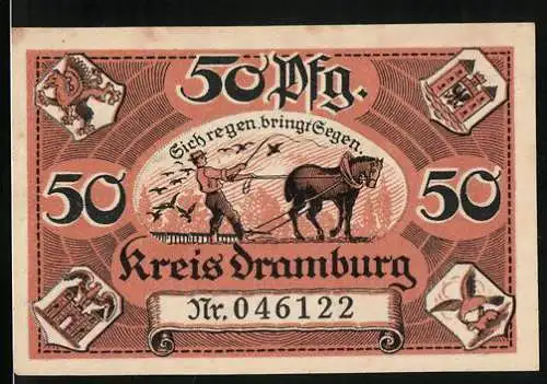 Notgeld Dramburg 1920, 50 Pfennig, Bauer mit Pferdepflug, Wappen