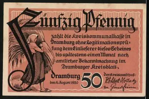 Notgeld Dramburg 1920, 50 Pfennig, Bauer mit Pferdepflug, Wappen