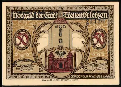 Notgeld Treuenbrietzen 1921, 50 Pfennig, Turm mit Wappen