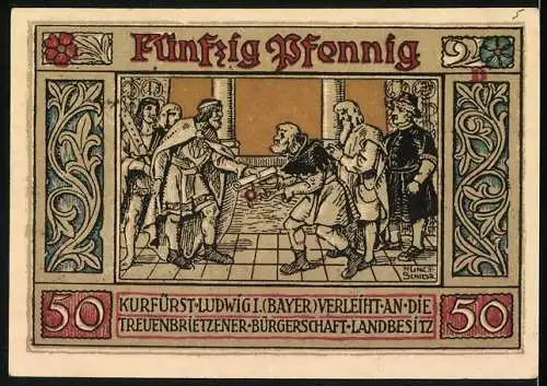 Notgeld Treuenbrietzen 1921, 50 Pfennig, Turm mit Wappen