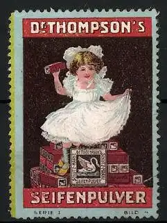 Reklamemarke Dr. Thompson's Seifenpulver mit dem Schwan, Mädchen sitzt auf Seifenpulververpackungen