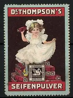 Reklamemarke Dr. Thompson's Seifenpulver mit dem Schwan, Mädchen sitzt auf Seifenpulververpackungen