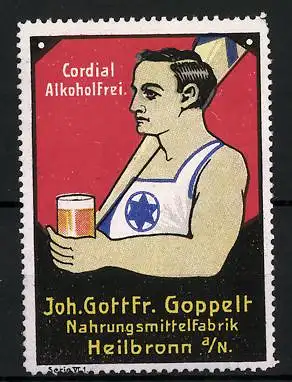 Reklamemarke Cordial Alkoholfrei, Nahrungsmittelfabrik Joh. Gottfr. Goppelt, Heilbronn, Ruderer mit einem Glas Brause