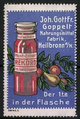 Reklamemarke Most-Extrakt Rekord, Nahrungsmittelfabrik J. G. Goppelt, Heilbronn, Birnen und Fläschchen