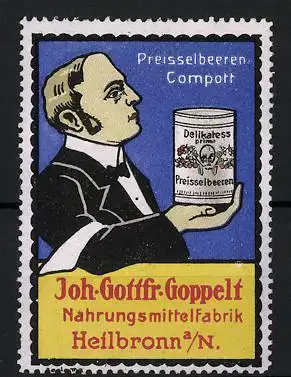 Reklamemarke Preiselbeeren-Compott, Nahrungsmittelfabrik J. G. Goppelt, Heilbronn, Kellner serviert eine Dose Kompott