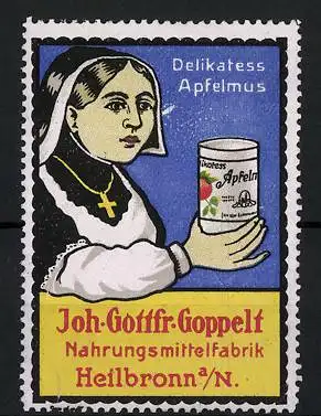 Reklamemarke Delikatess-Apfelmus, Nahrungsmittelfabrik J. G. Goppelt, Heilbronn, Nonne mit Dose Apfelmus