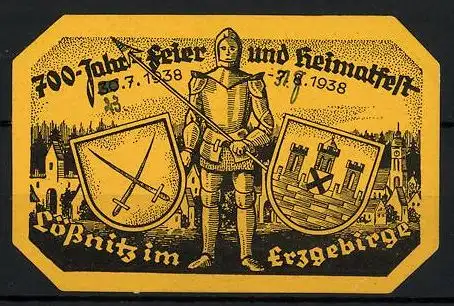 Reklamemarke Lössnitz im Erzgebirge, 700 Jahr-Feier- und Heimatfest 1938, Ritter, Wappen & Stadtansicht
