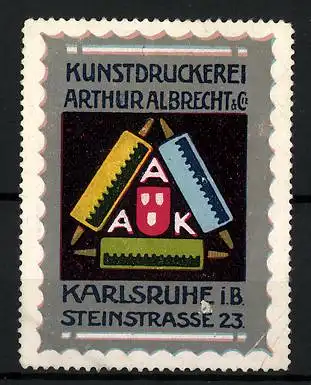 Reklamemarke Kunstdruckerei Arthur Albrecht & Co., Karlsruhe i. B., Firmenlogo