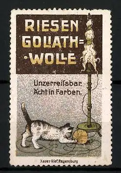 Reklamemarke Riesen Goliath-Wolle ist unzerreissbar und echt in Farben, Katze spielt mit dem Wollknäuel einer Spindel