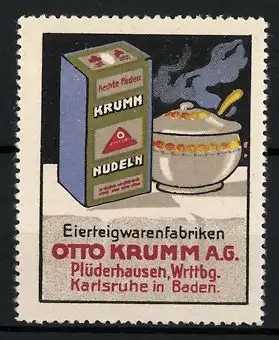 Reklamemarke Krumm Nudeln, Eierteigwarenfabriken Otto Krunn A.G., Plüderhausen, Nudelverpackung und Schüssel