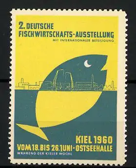 Reklamemarke Kiel, 2. Deutsche Fischwirts-Ausstellung 1960, Stadtansicht und Fisch