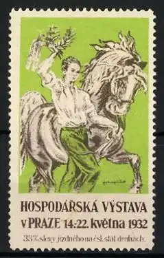Reklamemarke Praze, Hospodárská Výstava 1932, Mann mit Pferd
