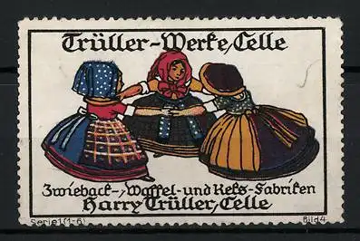 Reklamemarke Trüller-Werke, Celle, Zwieback-, Waffel- und Keks-Fabriken Harry Trüller, drei Mädchen beim Tanzen