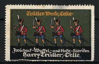 Reklamemarke Trüller-Werke, Celle, Zwieback-, Waffel- und Keks-Fabriken Harry Trüller, Soldaten auf Steckenpferden