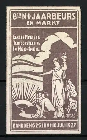 Präge-Reklamemarke Bandoeng, Hygiene Tentoonstelling Ned-Indie 1927, Frau mir Äskulabstab deutet auf Sonnenaufgang