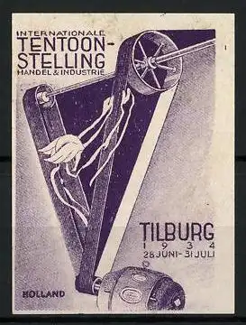 Reklamemarke Tilburg, Internationale Tentoon-Stelling Handel & Industrie 1934, Messelogo Treibriemen mit Elektromotor