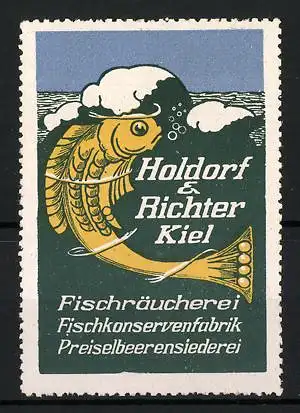 Reklamemarke Fischräucherei & Fischkonservenfabrik Holdorf & Richter, Kiel, Fisch unter einer Welle