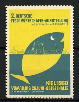 Reklamemarke Kiel, 2. Deutsche Fischwirtschafts-Ausstellung 1960, Fisch mit Stadtsilhouette