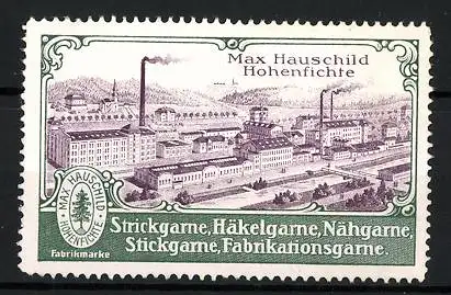 Reklamemarke Max Hauschild, Hohenfichte, Fabrik für Strick-, Häkel -und Nähgarne, Stadt mit Fabrik