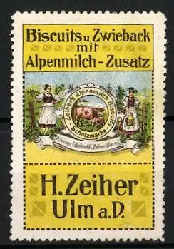 Reklamemarke Biscuits und Zwieback mit Alpenmilch-Zusatz, H. Zeiher, Ulm a. D., Bäuerinnen in Trachtenkleidern