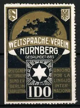 Reklamemarke Weltspracheverein IDO Nürnberg, gegründet 1885, Erdkugel und Wappen