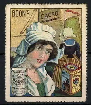 Reklamemarke Boon's Cacao, Wormerveer, holländische Frauen in Tracht, Kakaoverpackungen