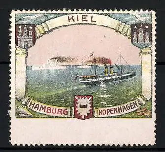 Reklamemarke Kiel, zwei Passagierdampfer auf der Fahrt von Hamburg nach Kopenhagen, Wappen