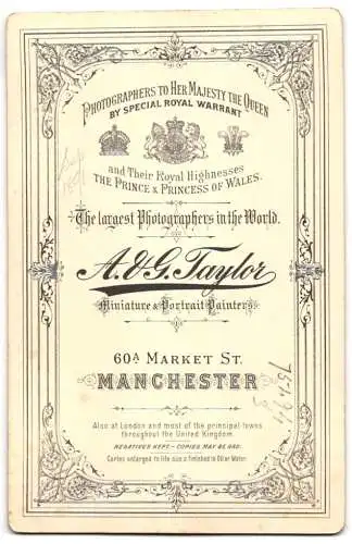 Fotografie A. & G. Taylor, Manchester, 60a Market Street, Bürgerlicher Herr im Anzug mit Schnurrbart