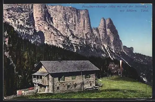 AK Prosslinerschwaige auf der Seiseralpe, Partie mit Schlern, Berghütte