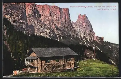 AK Prosslinerschwaige auf der Seiseralpe, Partie mit Schlern, Berghütte