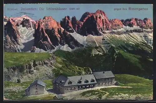 AK Schlernhäuser in den Dolomiten, Ansicht gegen den Rosengarten
