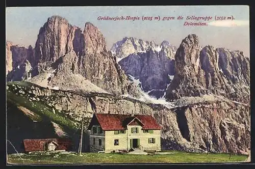 AK Grödnerjoch-Hospiz gegen die Sellagruppe, Dolomiten