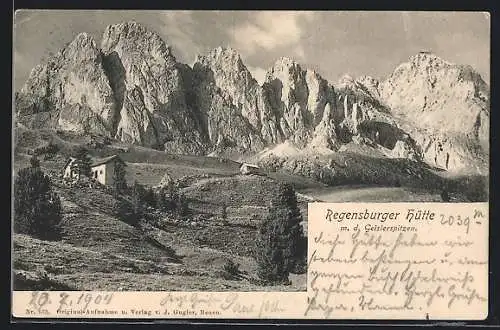 AK Regensburger Hütte, Berghütte mit den Geislerspitzen