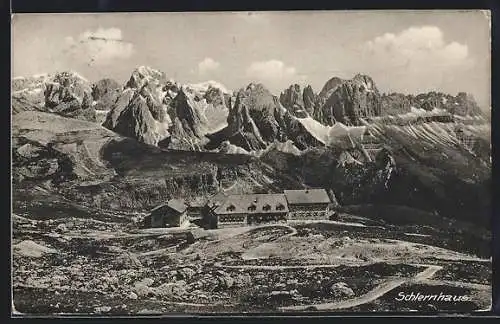 AK Schlernhaus, Berghütte mit Bergpanorama aus der Vogelschau