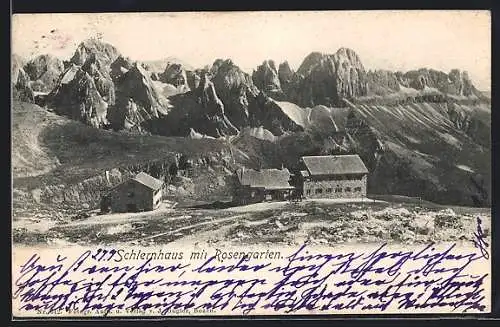 AK Schlernhaus, Berghütte mit Rosengarten aus der Vogelschau