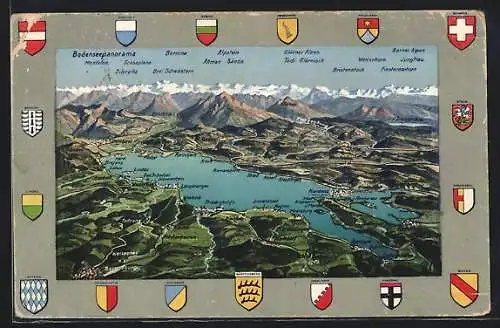 AK Romanshorn, Bodensee mit Orten und Bergpanorama aus der Vogelschau, Wappen