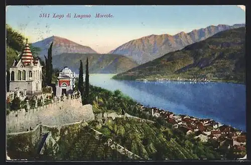 AK Morcote /Lago di Lugano, Ortsansicht mit See und Bergen