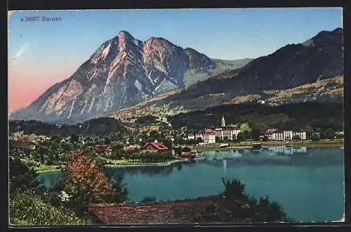 AK Sarnen, Ortsansicht mit See und Bergblick