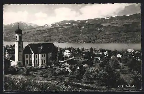 AK Sachseln, Ortsansicht mit Kirche, Wasser- und Bergblick